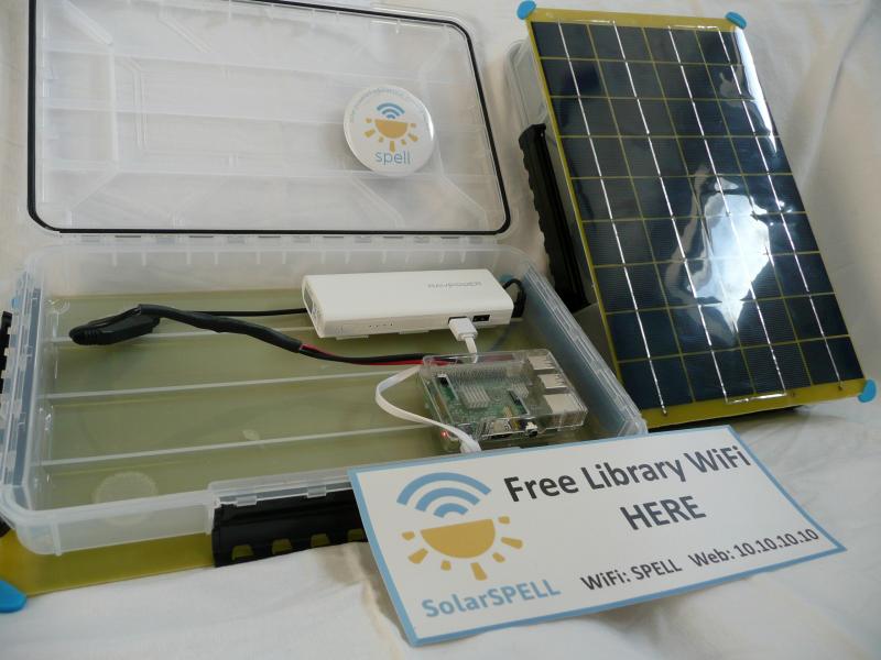 SolarSPELL kit includes 10W eco-worthy solar panel voltage regulator, rechargeable power battery, micro USB connector cords and SD card pre-loaded with open-access educational content