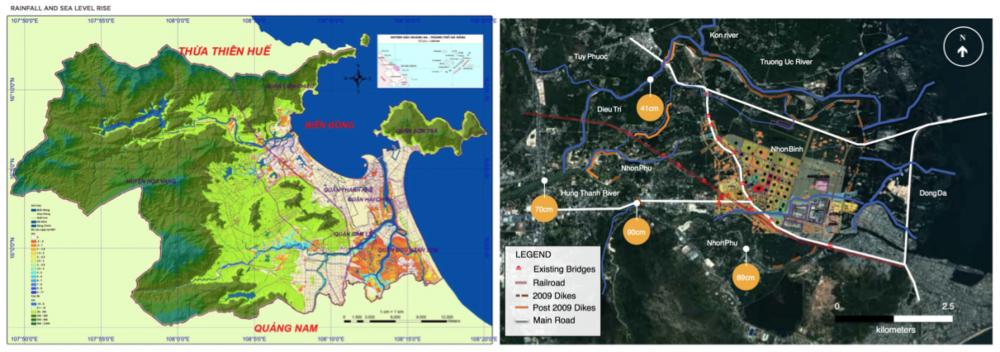 Flood modeling maps of Da Nang (left) and Quy Nhon (right)